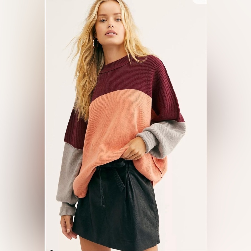 Free People Easy Street Color Block Sweater Small Oversized Peach Crewneck